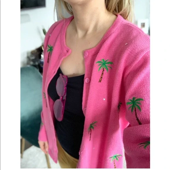 Embroidered palm trees on pink cardigan - Picture 5 of 8